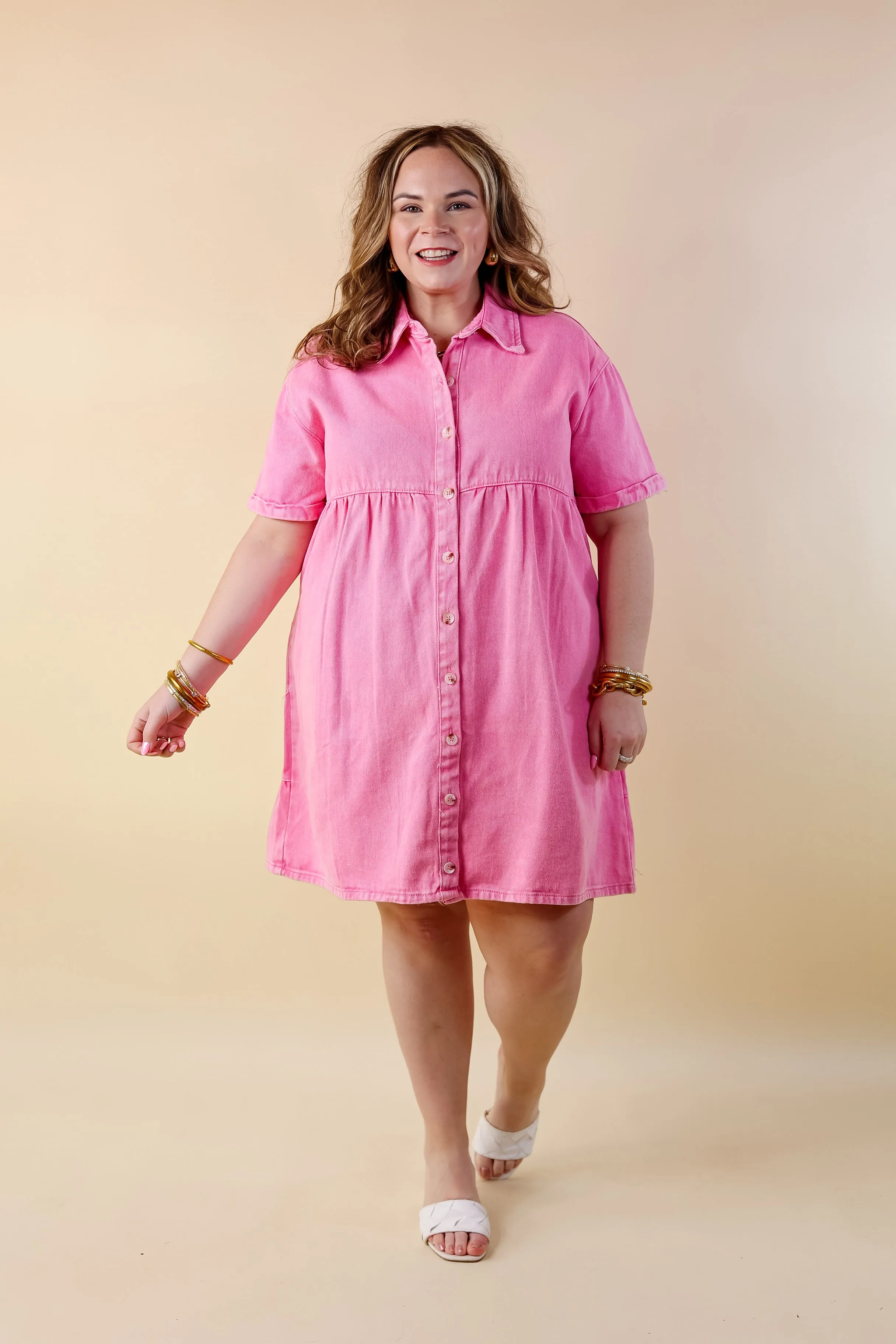 Nice to Meet You Button Up Collared Denim Dress in Pink