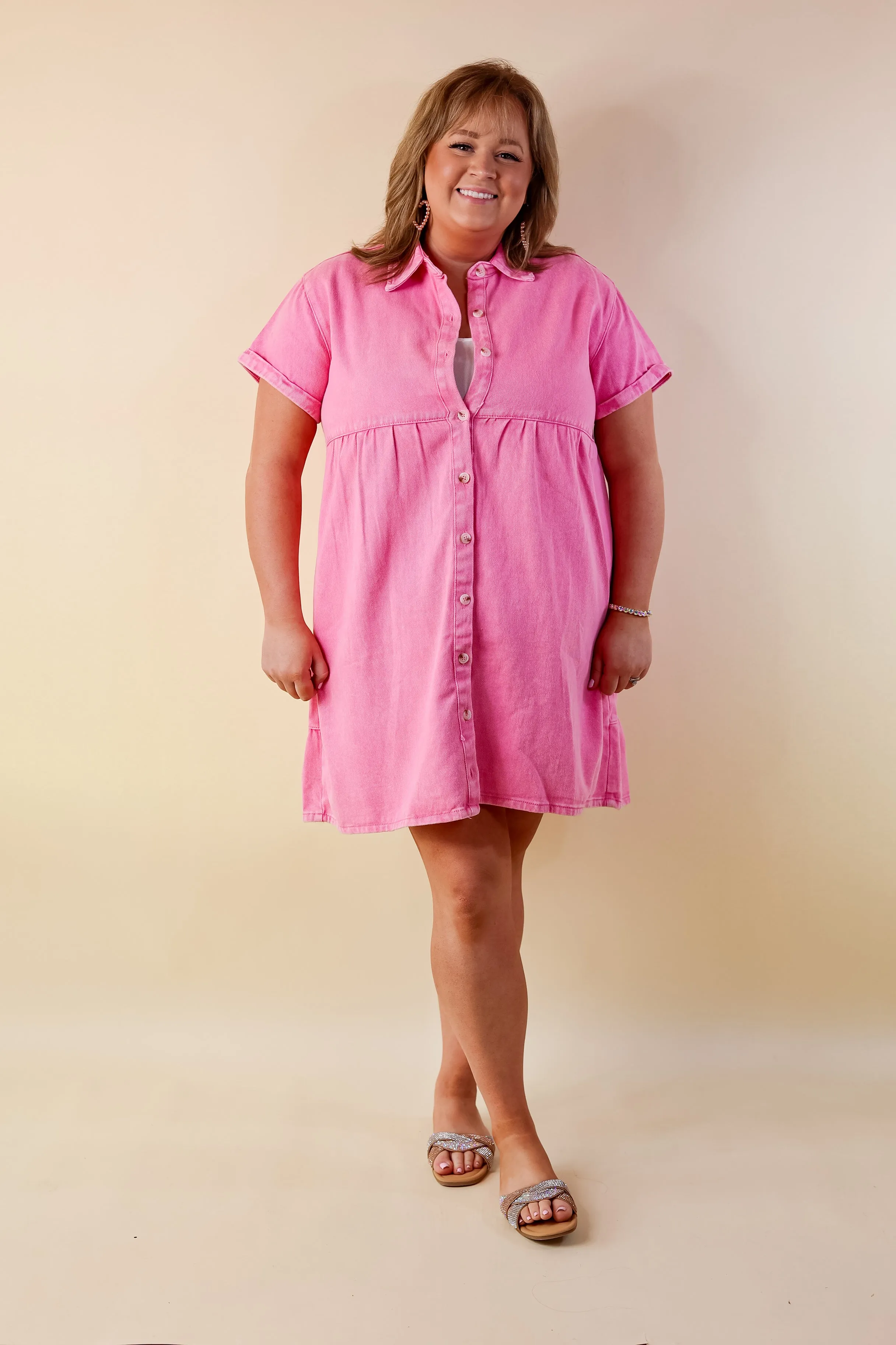 Nice to Meet You Button Up Collared Denim Dress in Pink