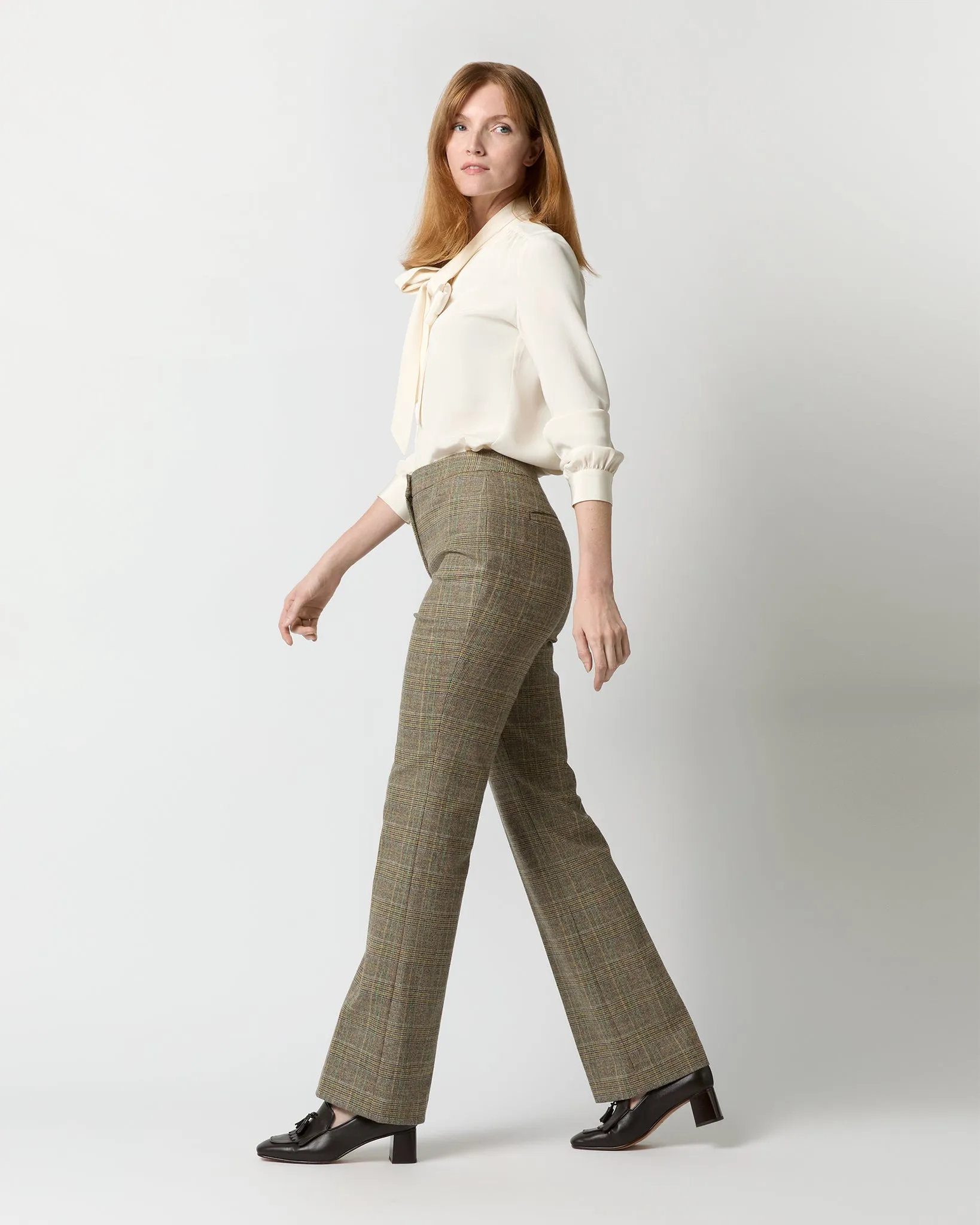 Norah Flare Pant in Brown/Green Plaid Wool Blend