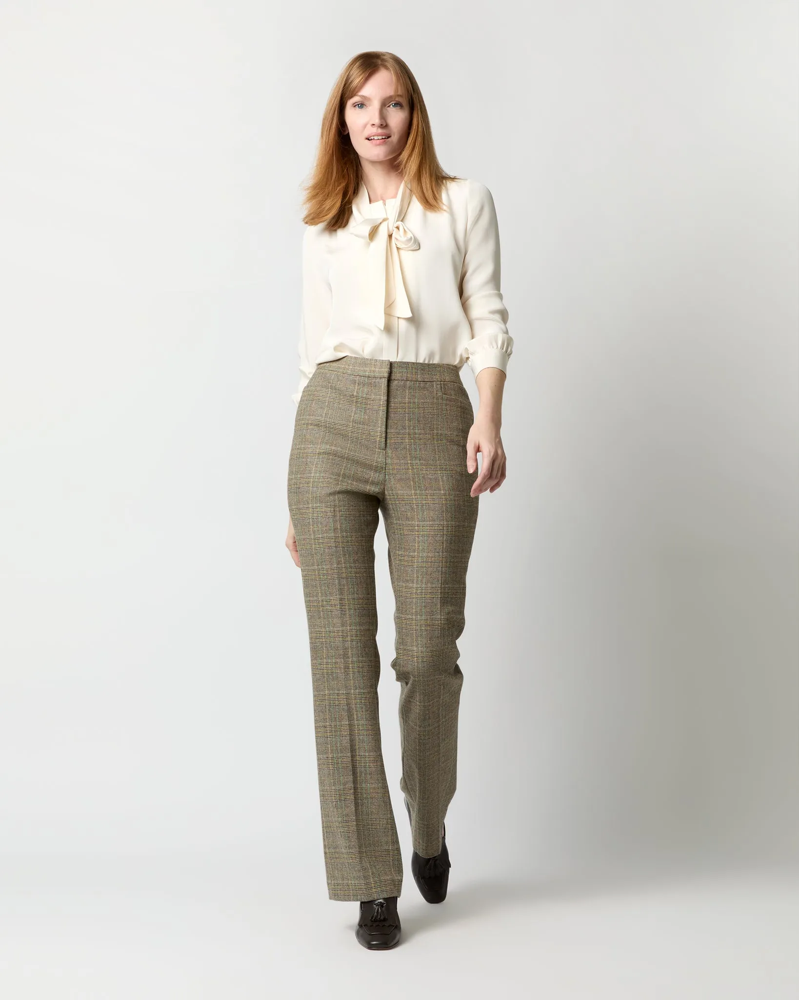 Norah Flare Pant in Brown/Green Plaid Wool Blend