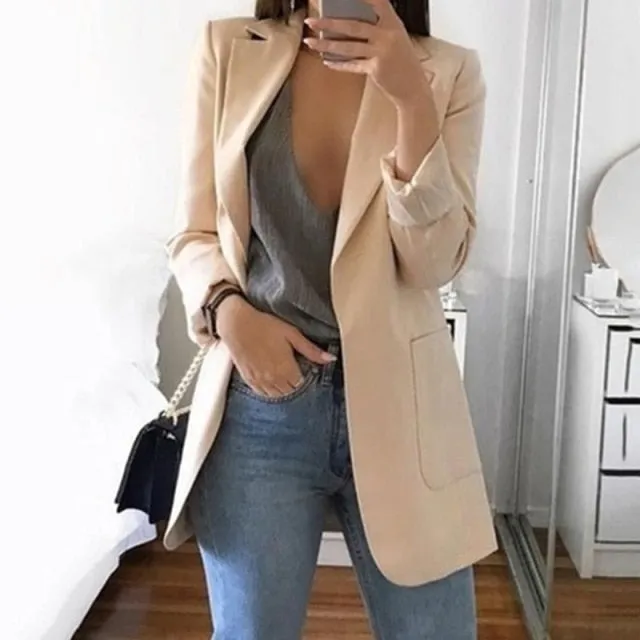 Purpdrank - Women's Casual Mid Coat Lapel Slim Cardigan Outdoor Work Suit Jackets Open Front Coat Cloak Jackets Female Blusas Chaqueta Mujer