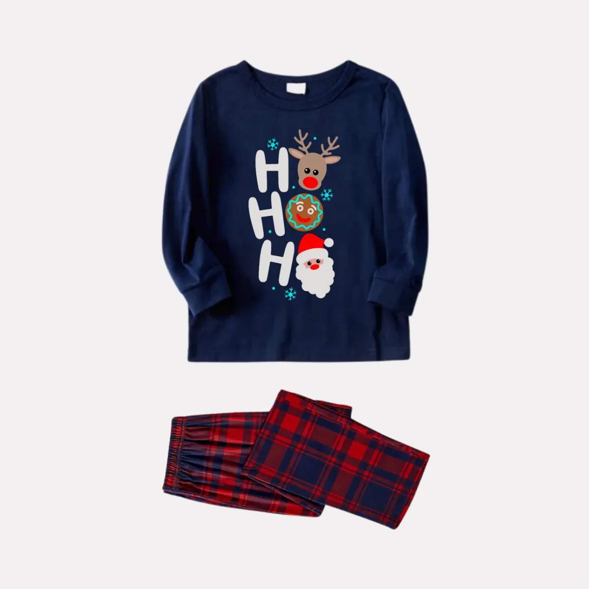 "HO HO HO" Letter Print Blue Long Sleeve Top with Red & Blue Plaid Christmas Family Matching Pajamas