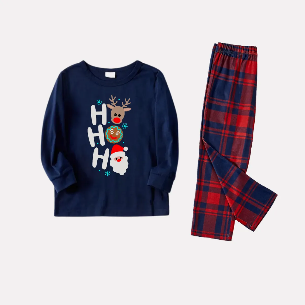 "HO HO HO" Letter Print Blue Long Sleeve Top with Red & Blue Plaid Christmas Family Matching Pajamas