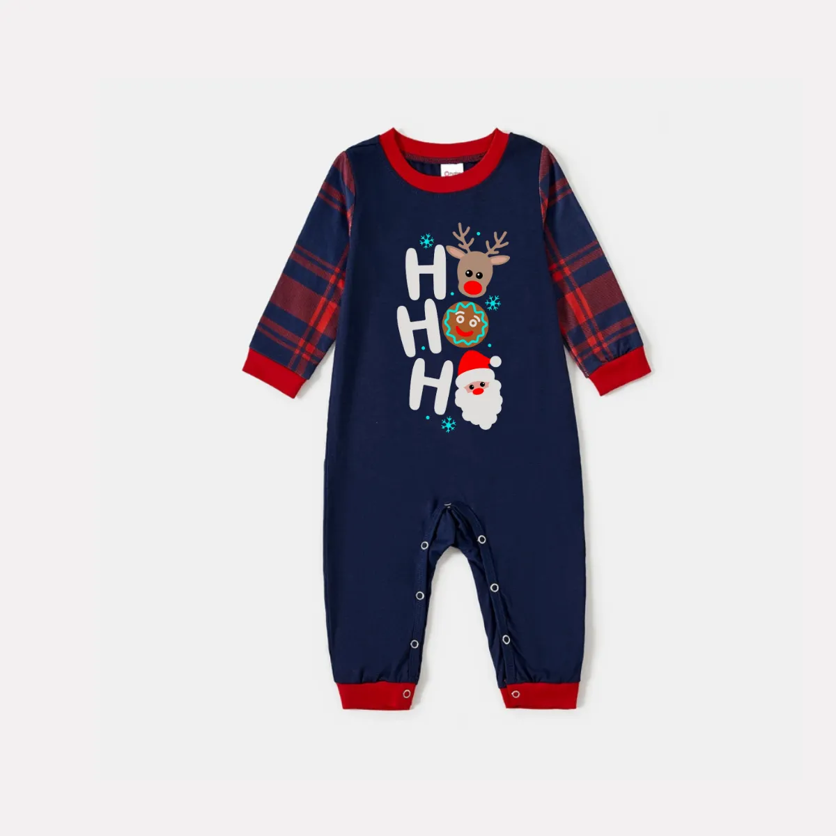 "HO HO HO" Letter Print Blue Long Sleeve Top with Red & Blue Plaid Christmas Family Matching Pajamas