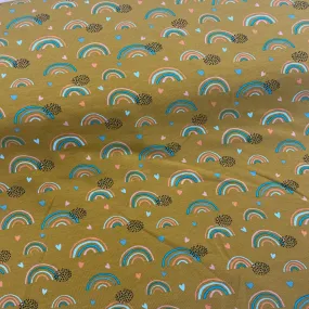 Rainbows on Ocre GOTS Organic Cotton Jersey Fabric