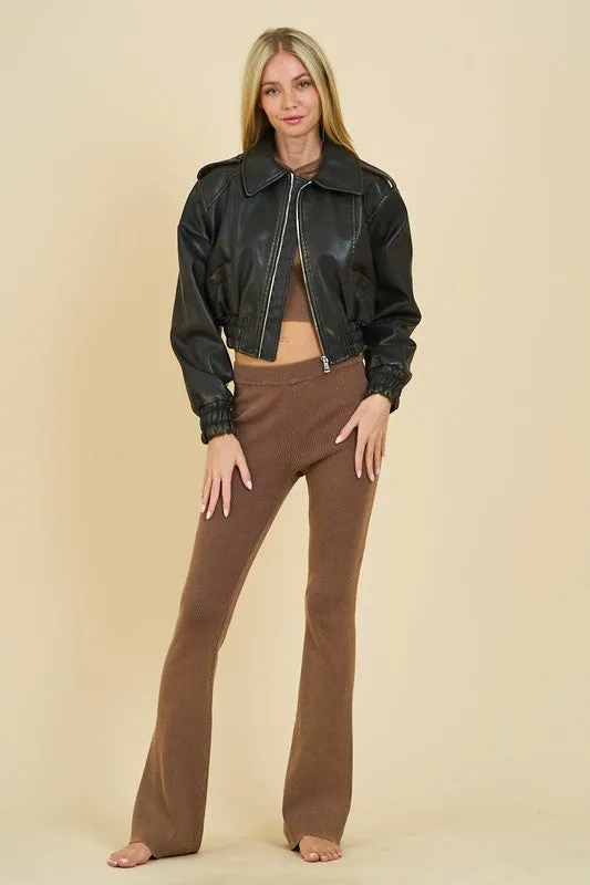 Reese Long Sleeve Vegan Leather Cropped Bomber Jacket Black