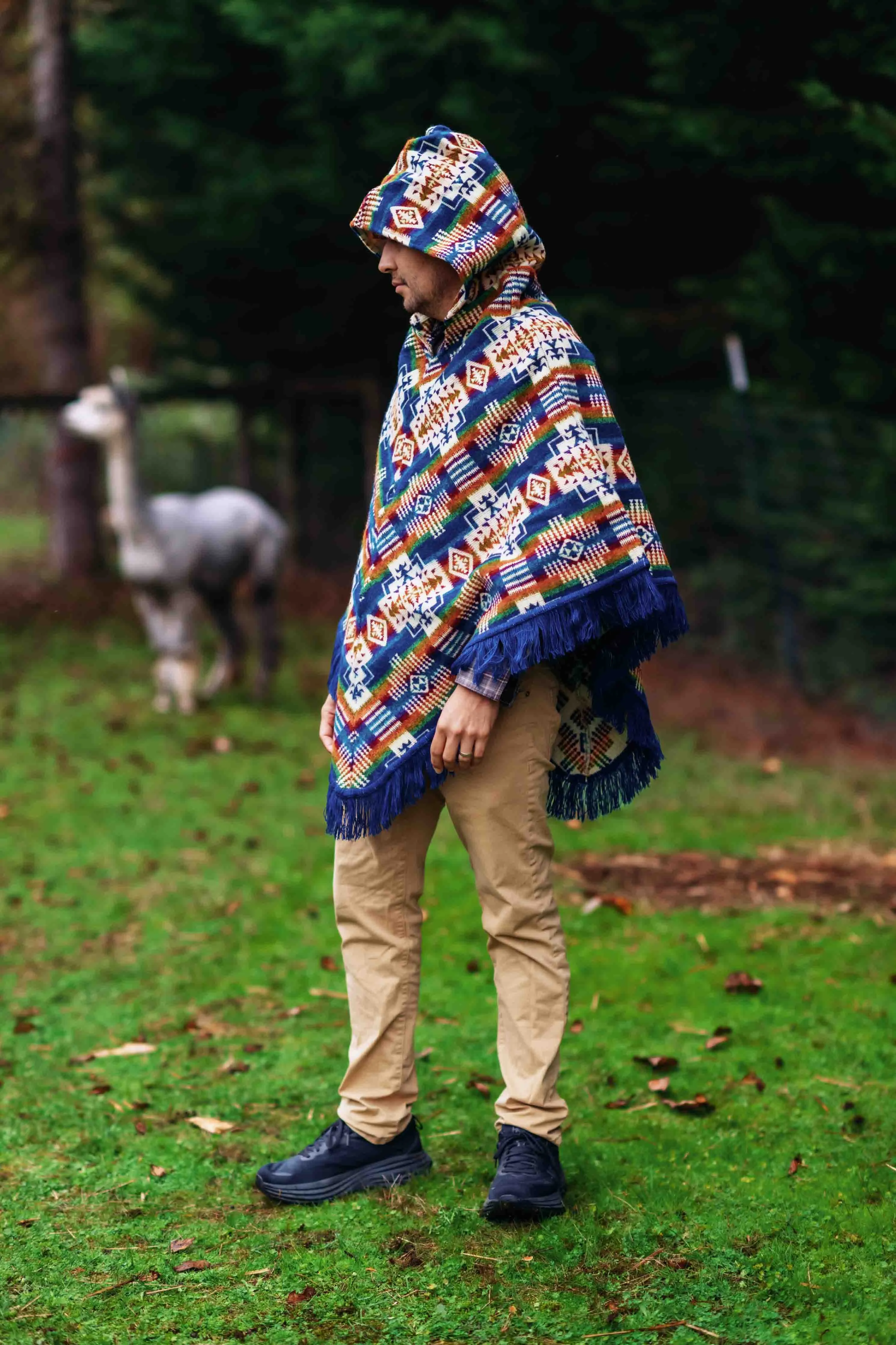 San Borja - Blue Rainbow - Alpaca Poncho with Native Pattern Triangular Design