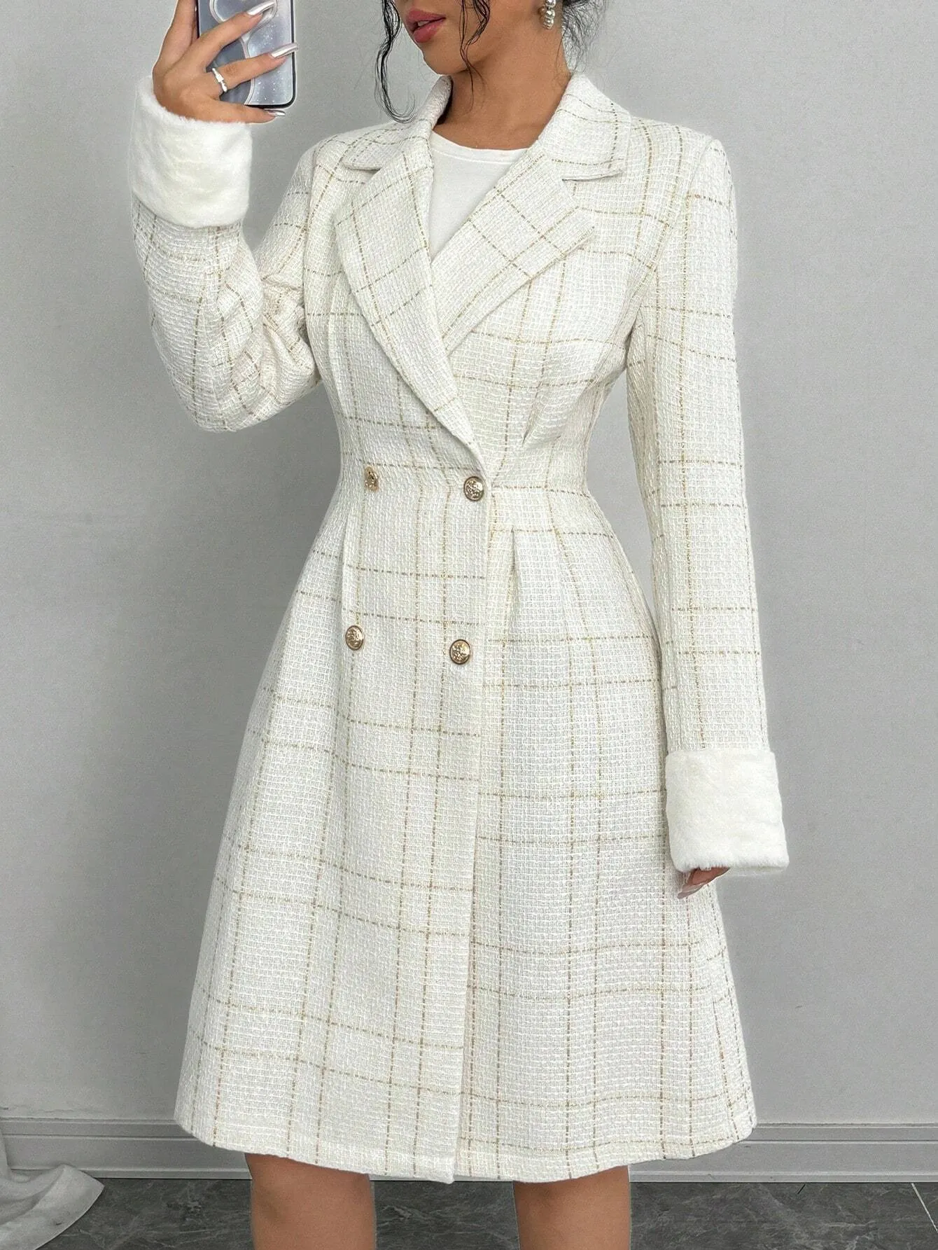 SHEIN Elenzya New Arrival Autumn Winter White Woolen Blend Long Sleeve Double-Breasted Gold Button Cinched Waist Cuff Fur Trim Fitted Knee Length Coat