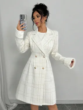 SHEIN Elenzya New Arrival Autumn Winter White Woolen Blend Long Sleeve Double-Breasted Gold Button Cinched Waist Cuff Fur Trim Fitted Knee Length Coat