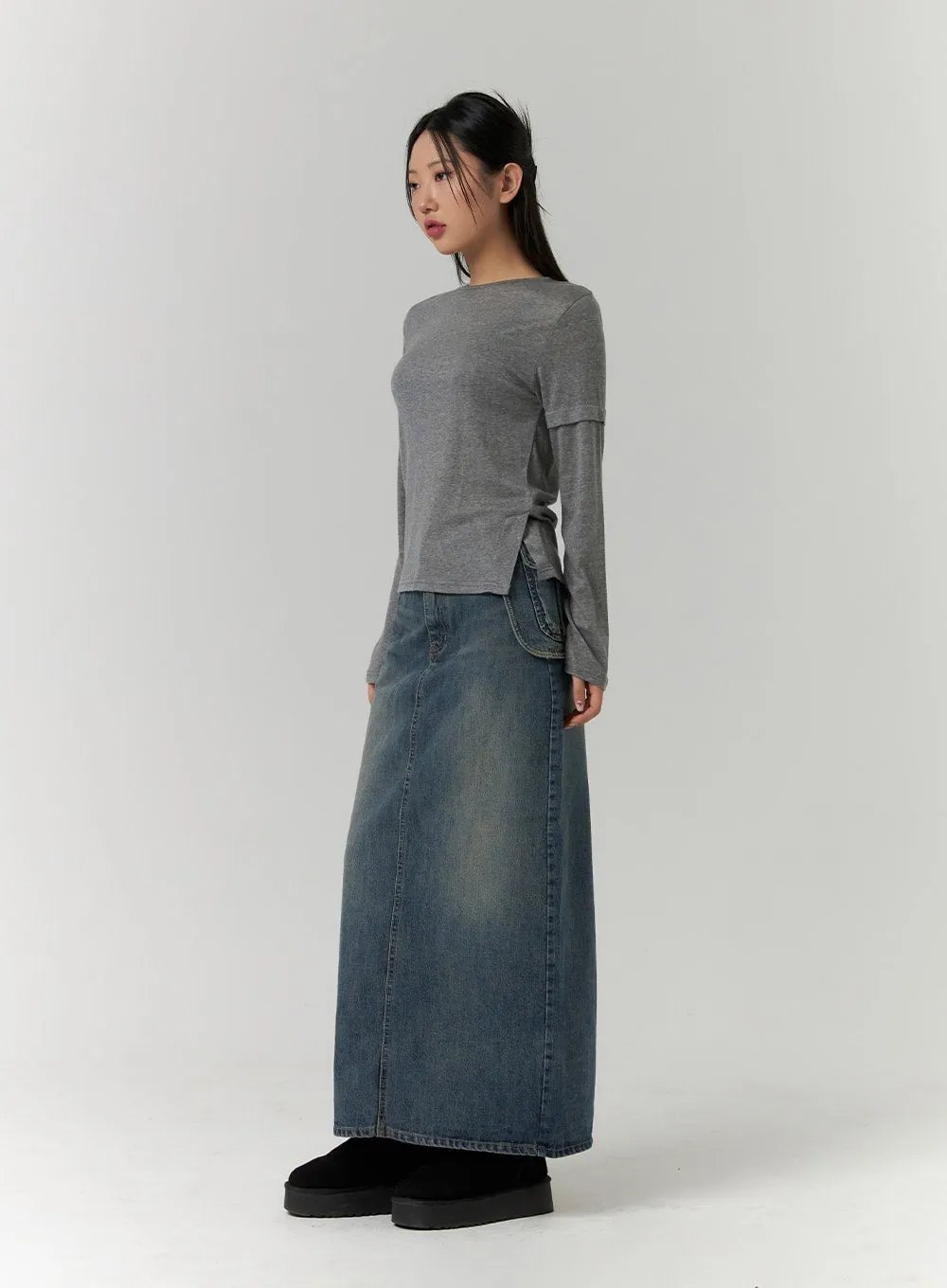 Solid Denim Maxi Skirt CD315