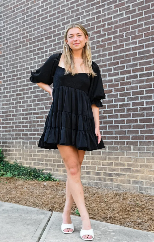 The 3/4 Sleeve Ruffle Babydoll Mini (Black)