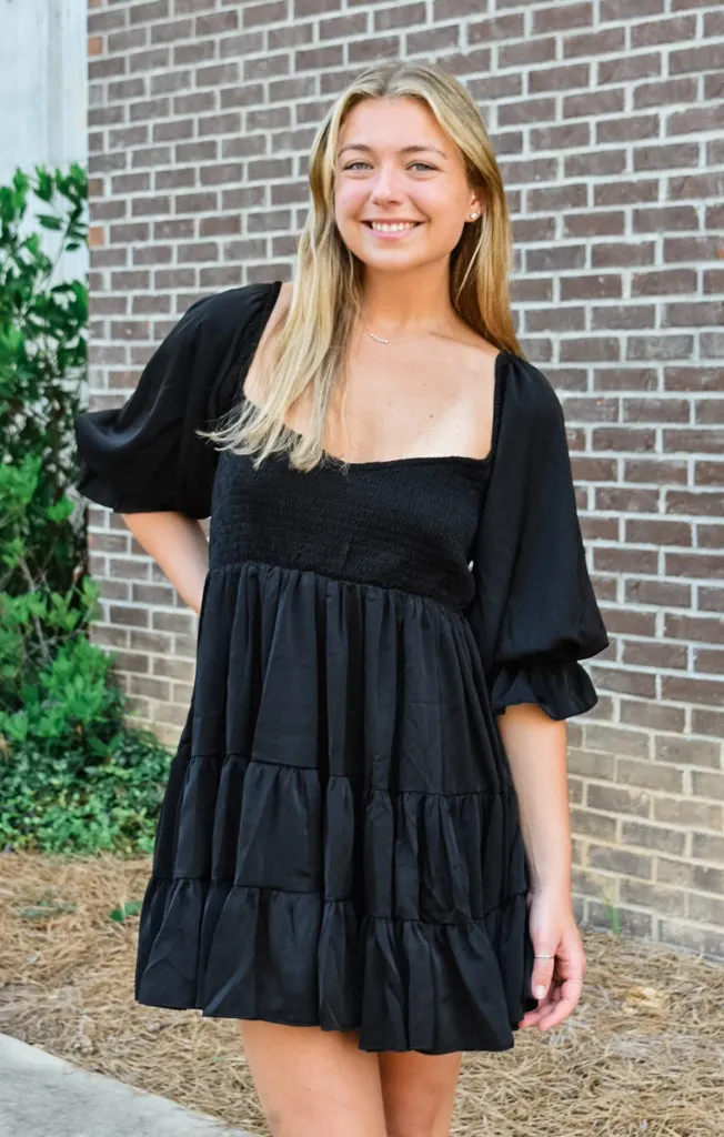 The 3/4 Sleeve Ruffle Babydoll Mini (Black)