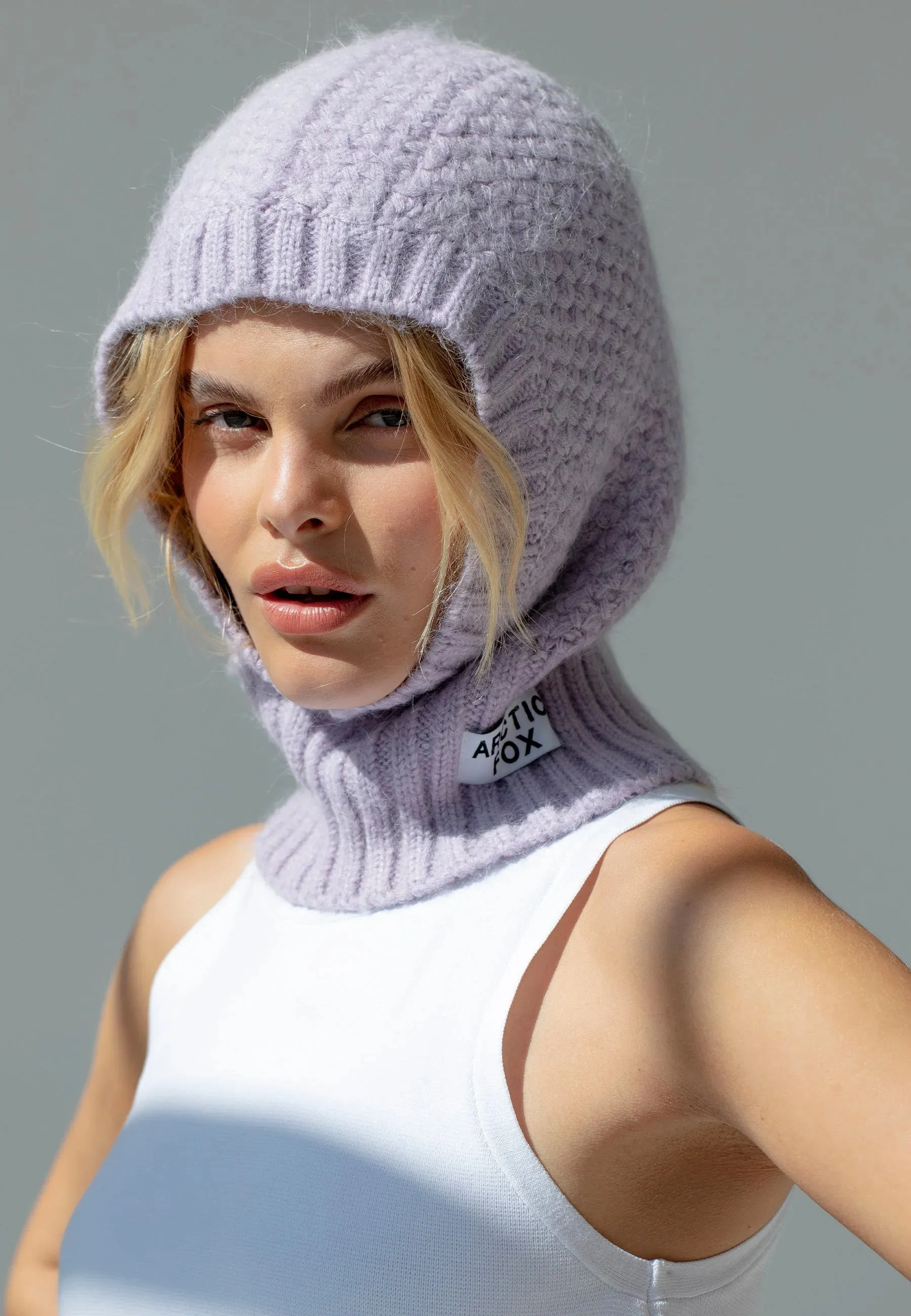 The Alpaca Balaclava Fitted Hood in Lilac