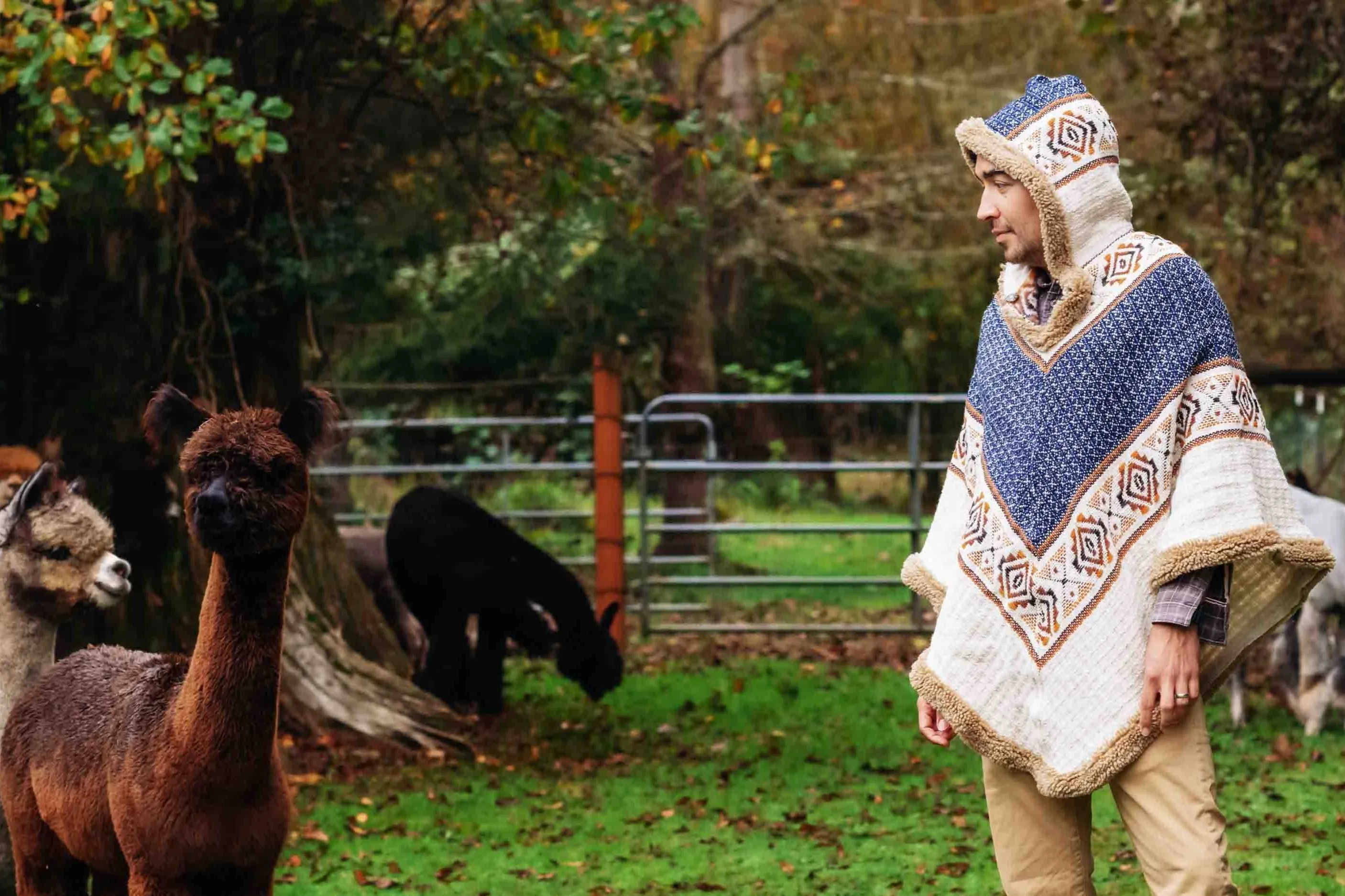 The Inca King - Natural - Alpaca Ruana Poncho with Native Pattern Triangular Design