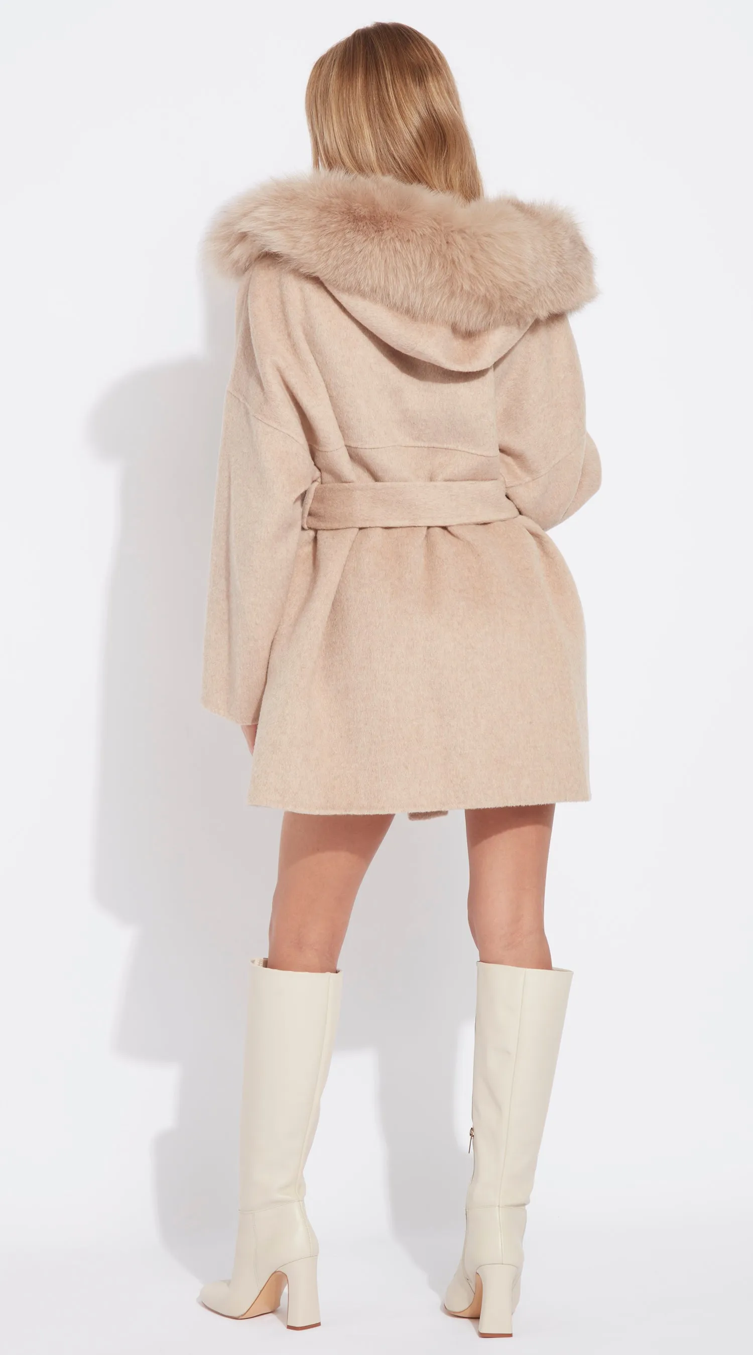 The London Cashmere & Fox Fur Hood & Pockets Belted Coat - Golden Beige