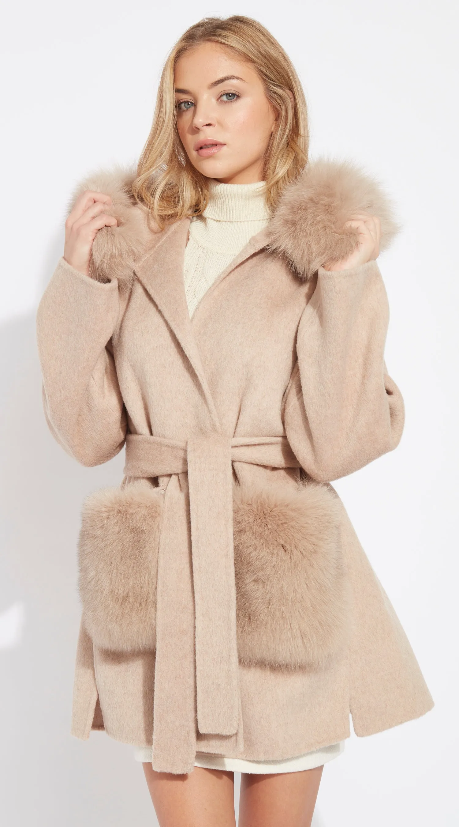 The London Cashmere & Fox Fur Hood & Pockets Belted Coat - Golden Beige