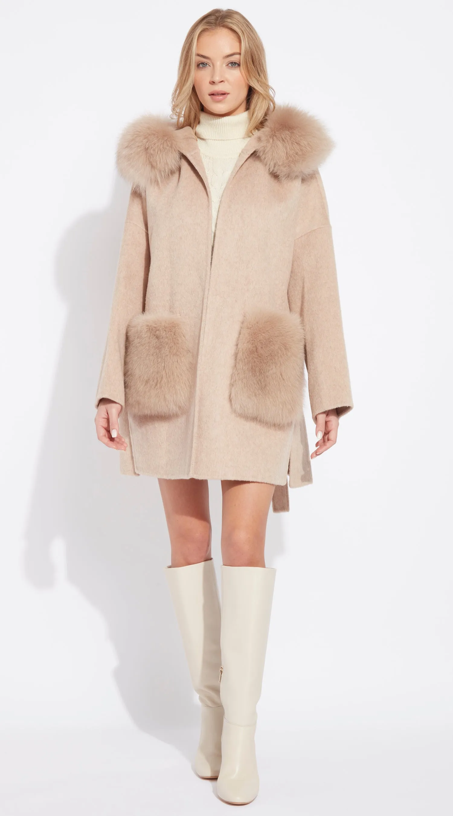 The London Cashmere & Fox Fur Hood & Pockets Belted Coat - Golden Beige