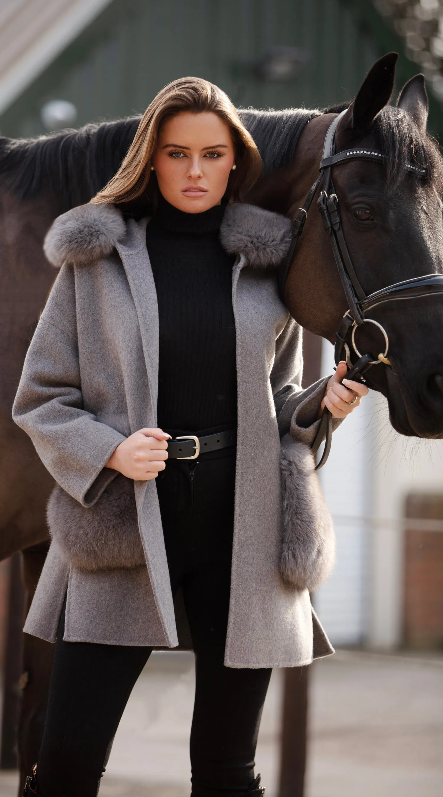 The London Cashmere & Fox Fur Hood & Pockets Belted Coat - Grey