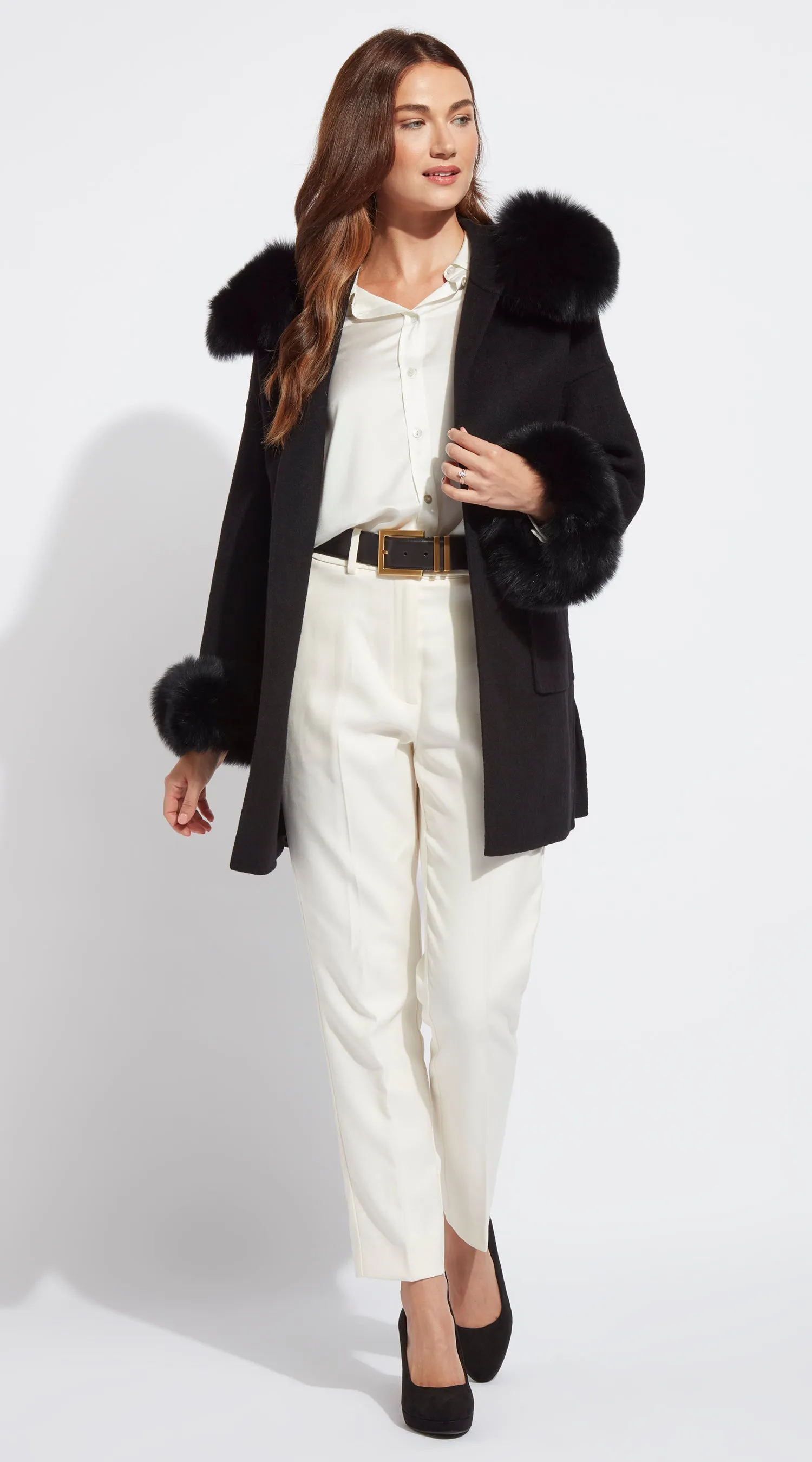 The London Cashmere & Fur Cuffed Belted Coat - Black