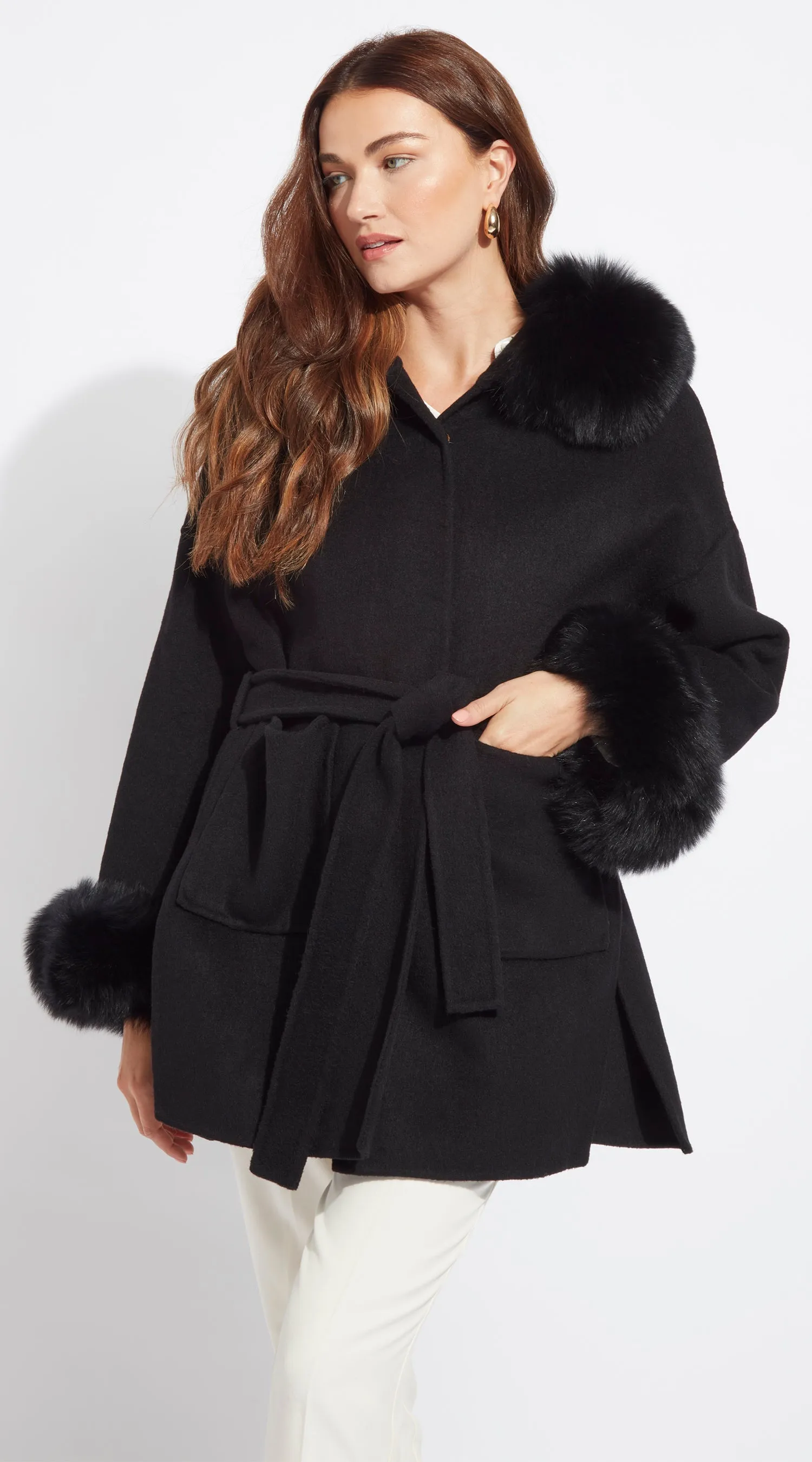 The London Cashmere & Fur Cuffed Belted Coat - Black