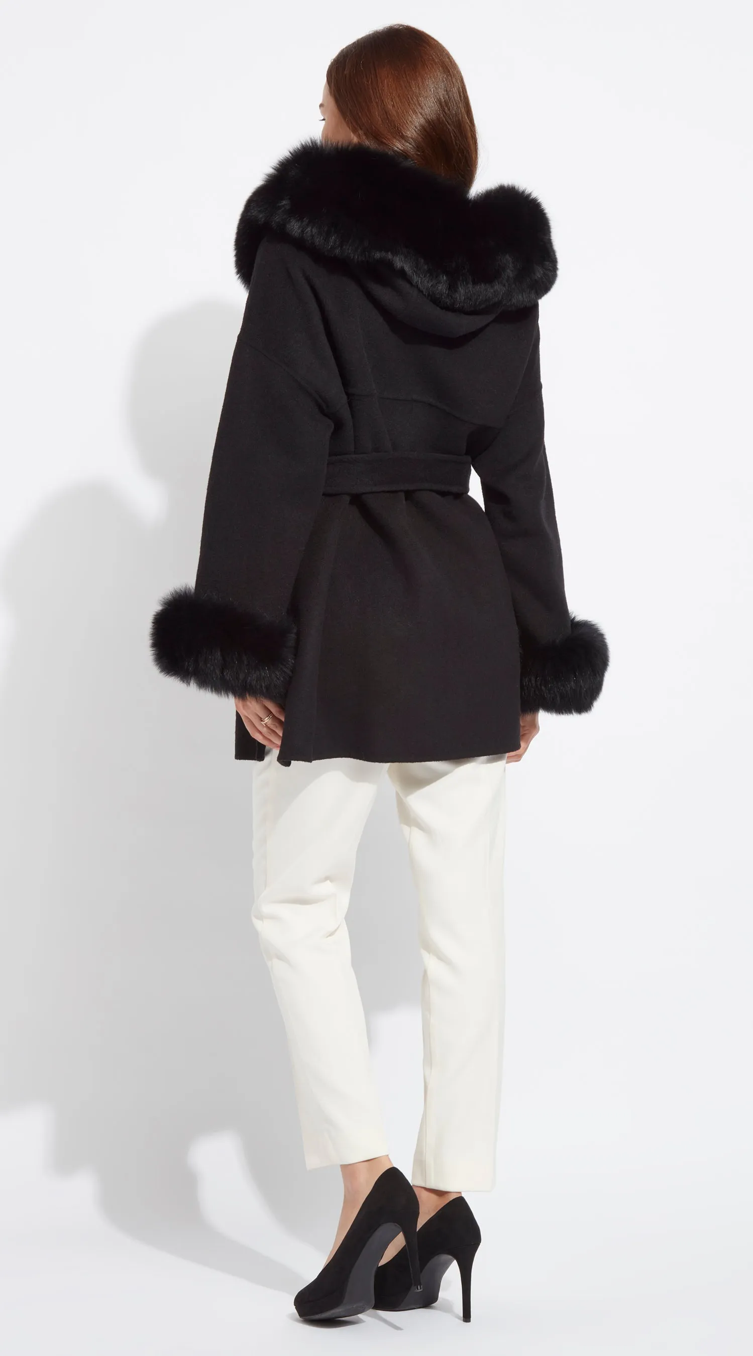 The London Cashmere & Fur Cuffed Belted Coat - Black