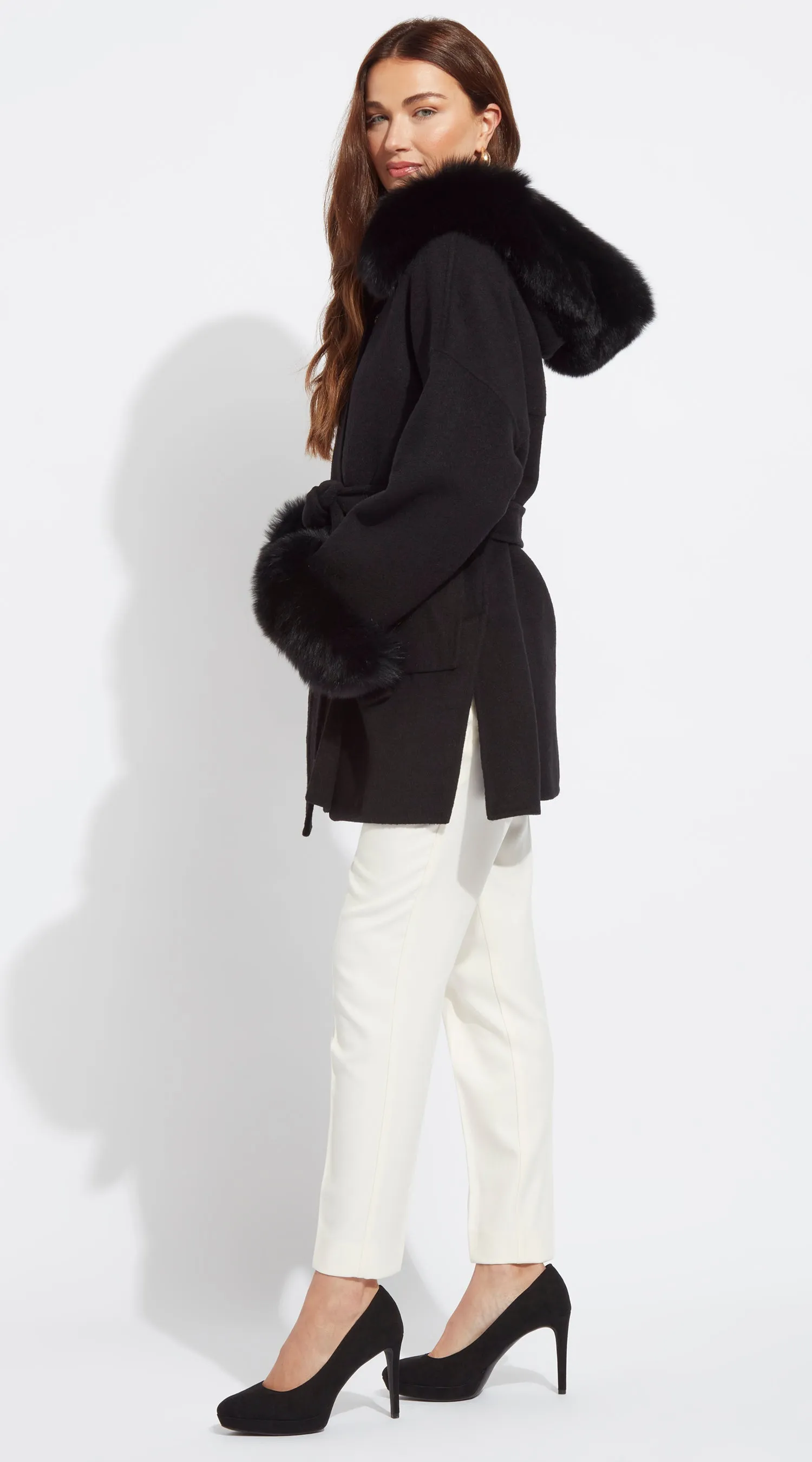 The London Cashmere & Fur Cuffed Belted Coat - Black