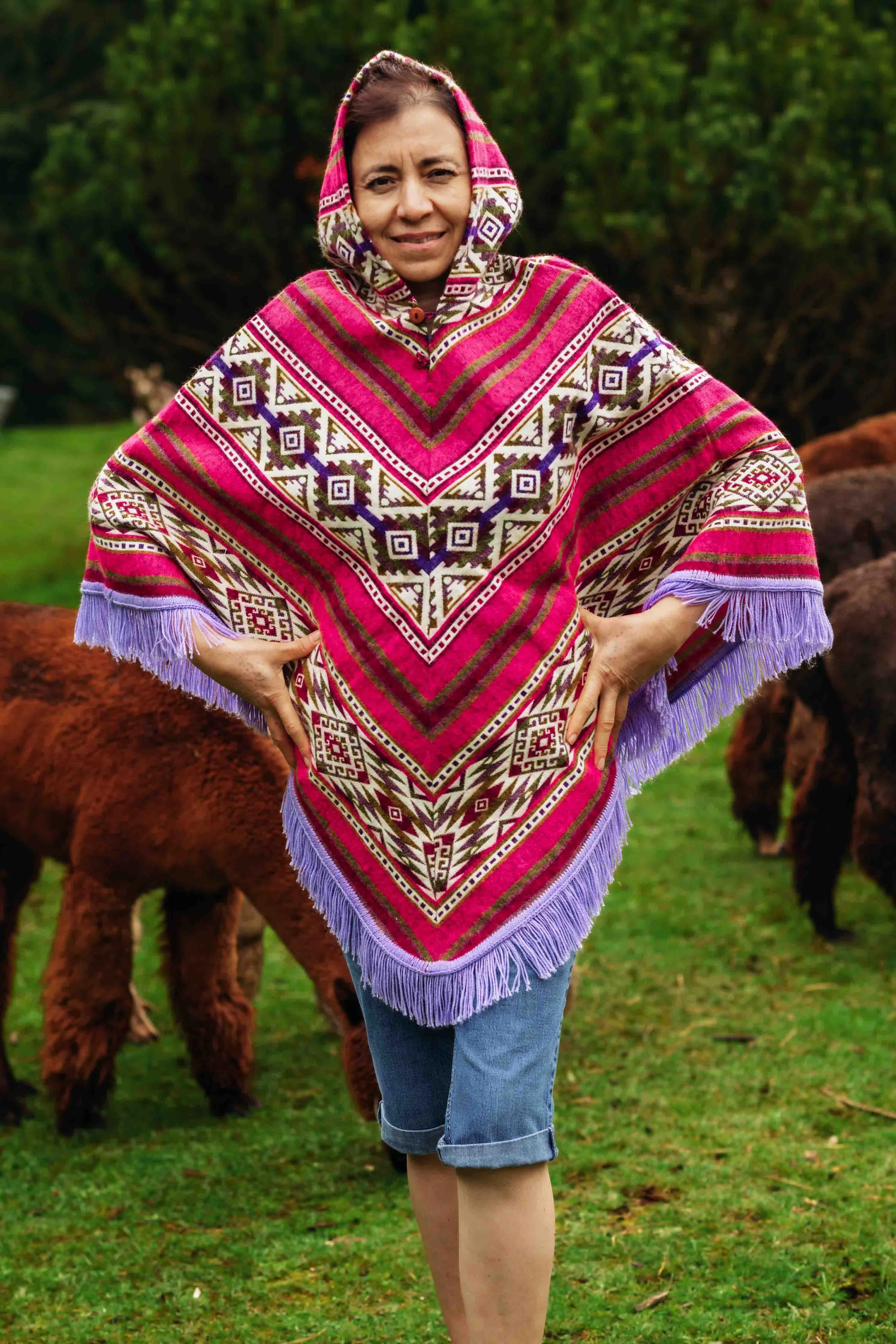 Toddler Kids Conquistador Alpaca Poncho - Blue - with Native Pattern Triangular Design