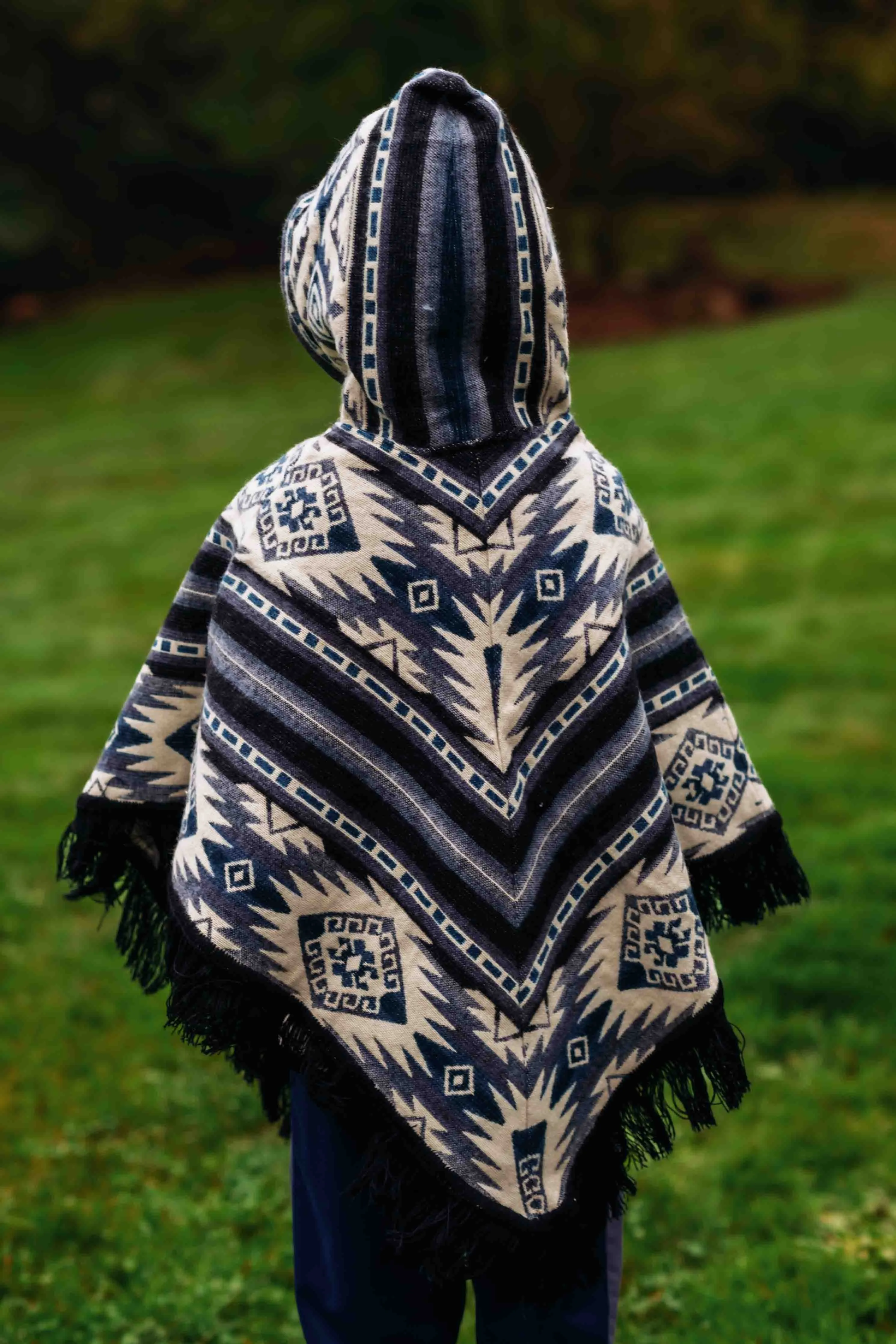 Toddler Kids Conquistador Alpaca Poncho - Blue - with Native Pattern Triangular Design