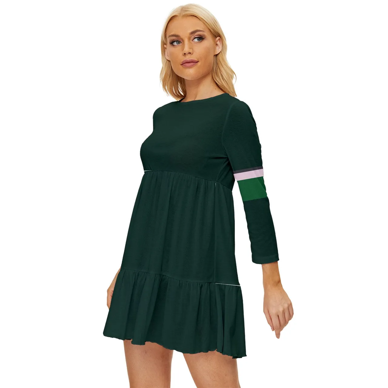 Vampire Art Grunge Chic Long Sleeve Babydoll Dress - Retro Seventies Green With Stripes