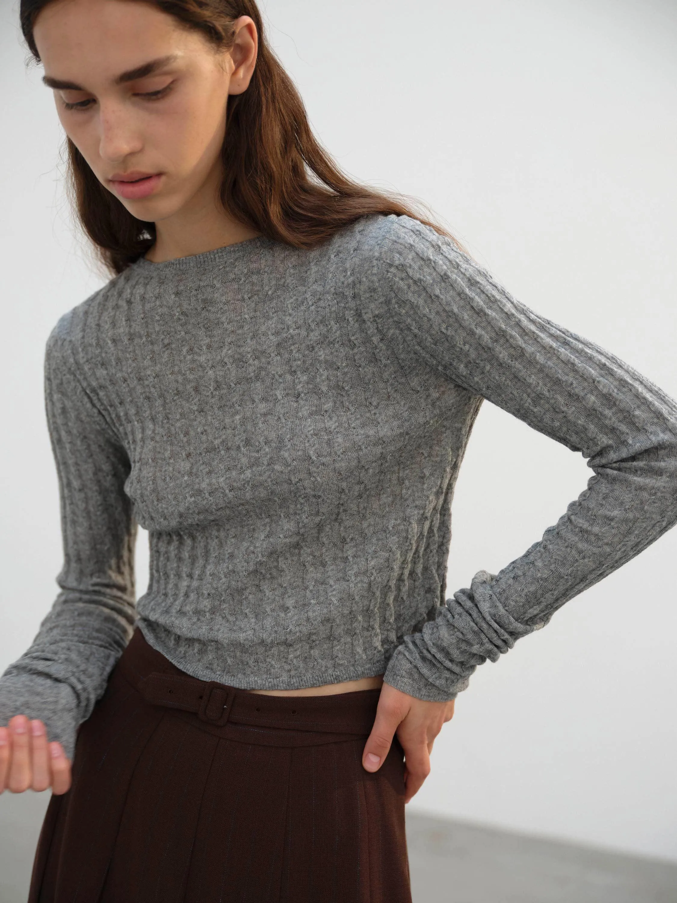 Washable Cashmere Silk Cable Knit Pullover - Top Gray