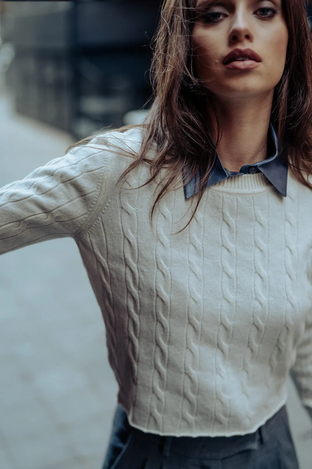 White Cashmere and Wool Amelia Hair Braided Crop Women's Sweater