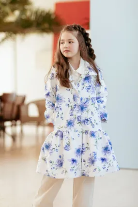 White Trapeze Coat for Girls with Blue Flower Print | 'Floral Dream'