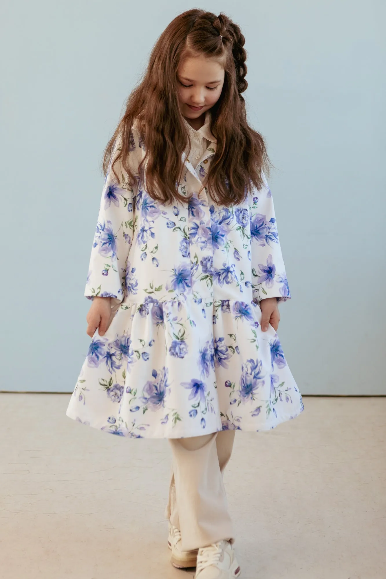 White Trapeze Coat for Girls with Blue Flower Print | 'Floral Dream'