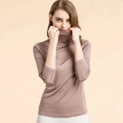 Women Silky Long Sleeve Turtleneck Shirt For Wear Alone or Layered