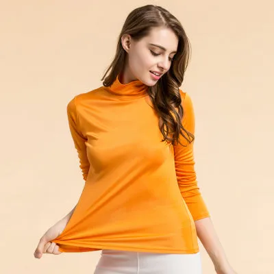 Women Silky Long Sleeve Turtleneck Shirt For Wear Alone or Layered