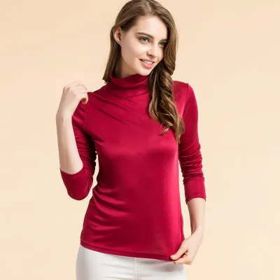 Women Silky Long Sleeve Turtleneck Shirt For Wear Alone or Layered