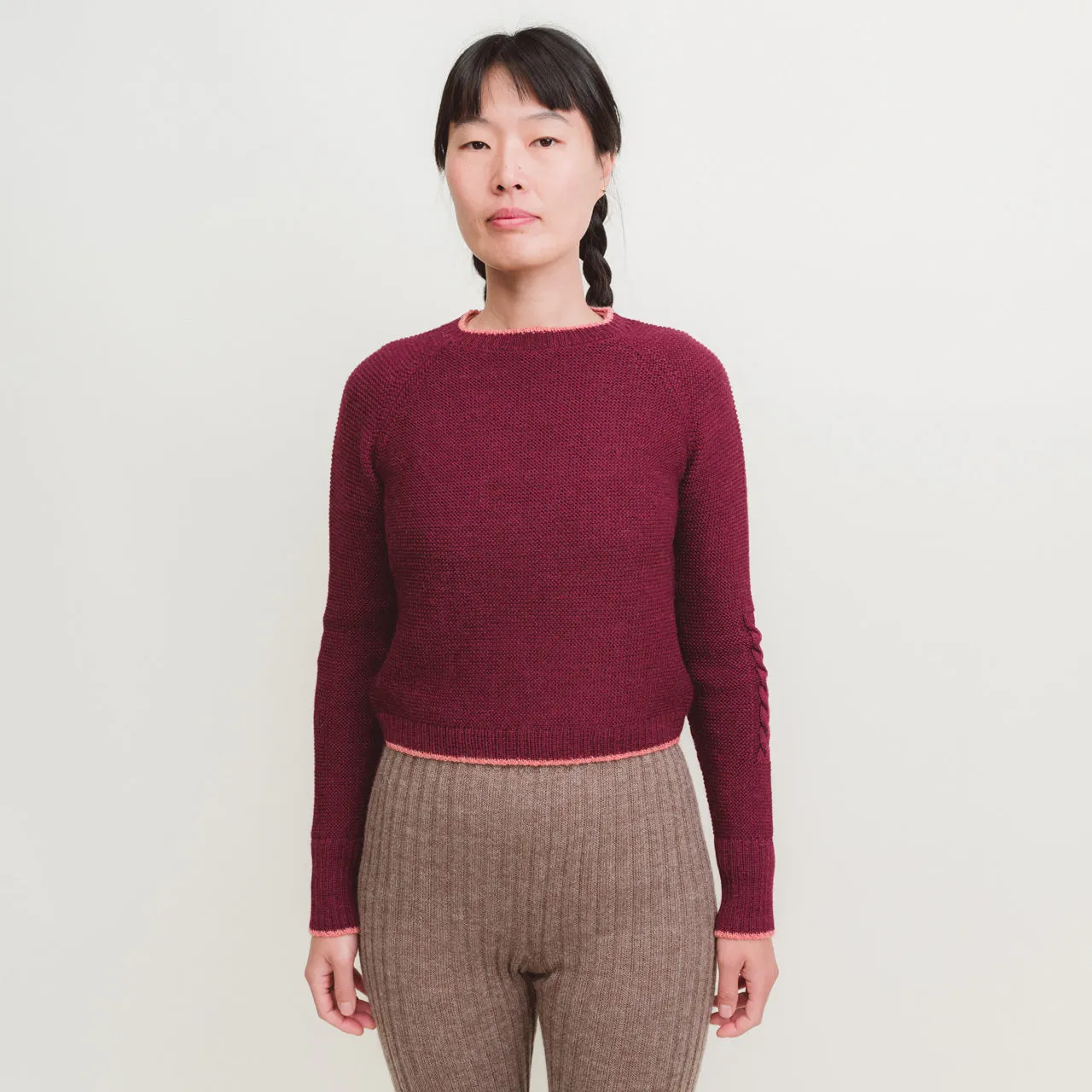 Women's Cable Crop Jumper - 100% Baby Alpaca - Aubergine (S-L)