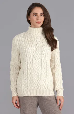 Womens Chunky Merino Wool Roll Neck Cable Jumper