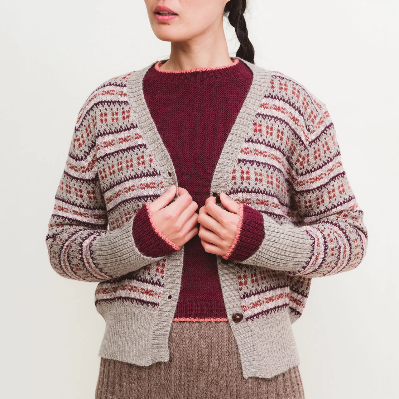 Women's Fairisle Vintage Cardi - 100% Baby Alpaca - Light Brown/Rust (S-L)