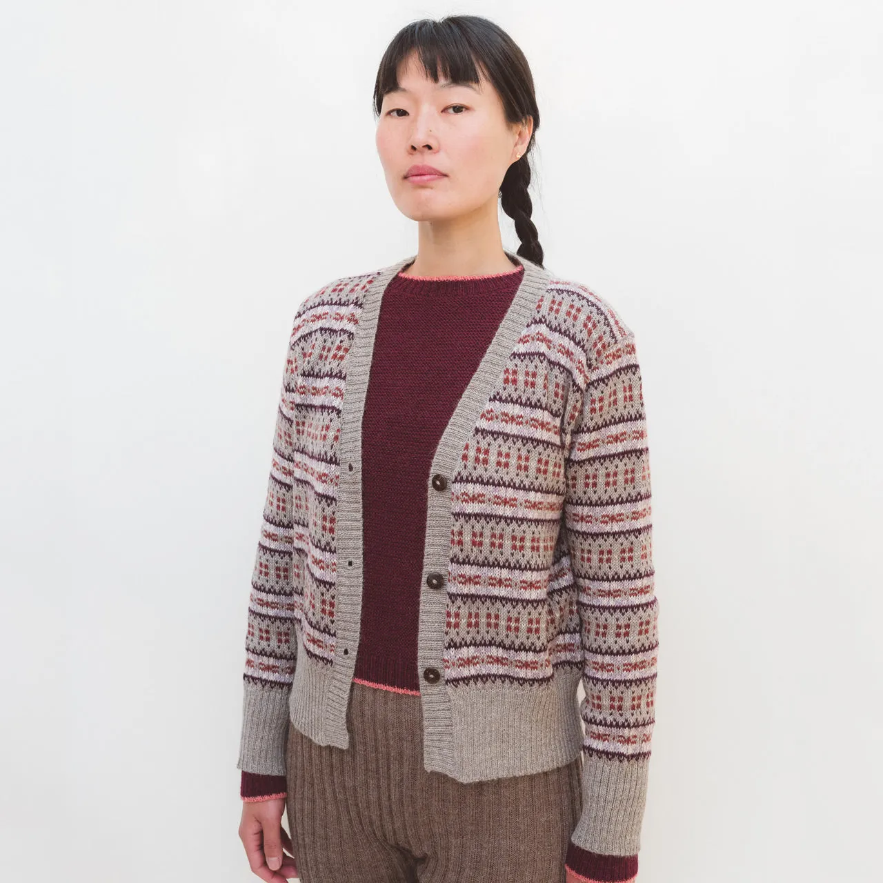 Women's Fairisle Vintage Cardi - 100% Baby Alpaca - Light Brown/Rust (S-L)