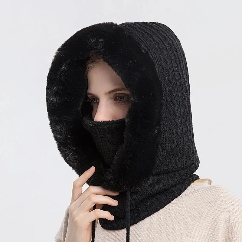 Women's Knitted Cashmere Fur Cap & Balaclava Set Stay Warm in Style: