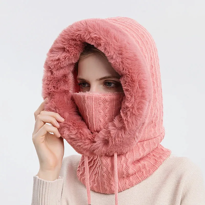 Women's Knitted Cashmere Fur Cap & Balaclava Set Stay Warm in Style: