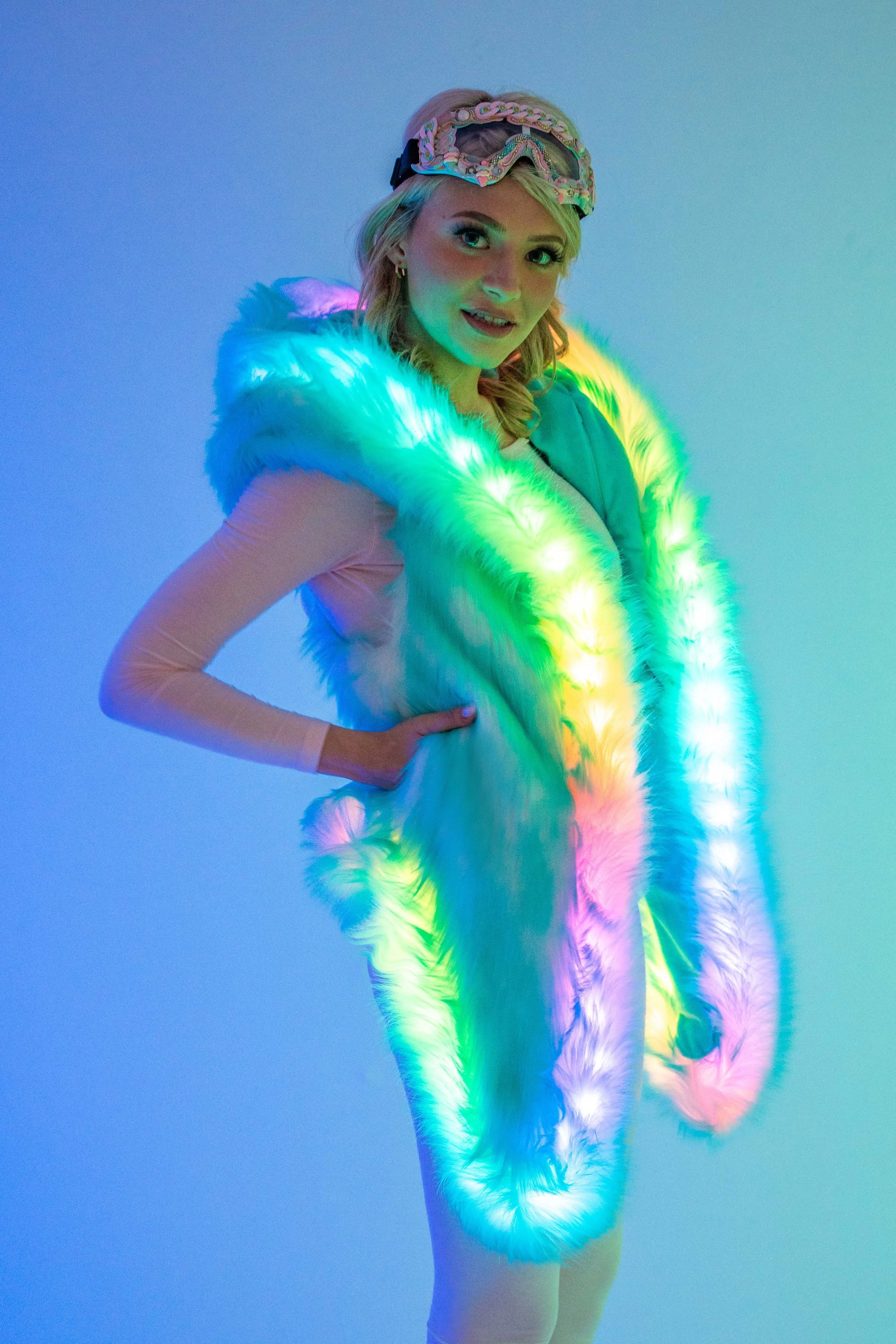 Women's LED Faux Fur Vest in "Just The Tip-Turq"