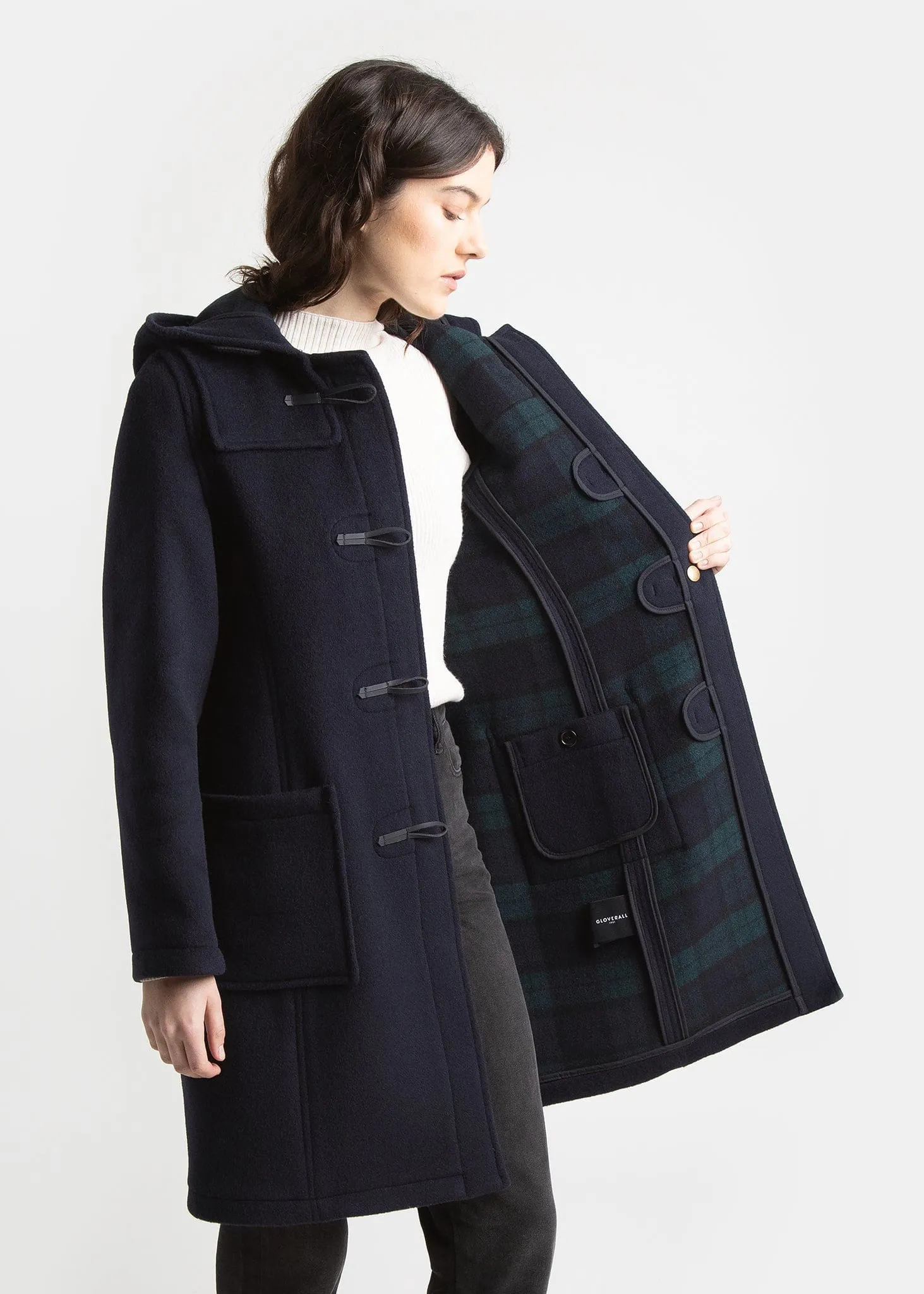 Women's Long Slim Fit Duffle Coat Navy Black Watch