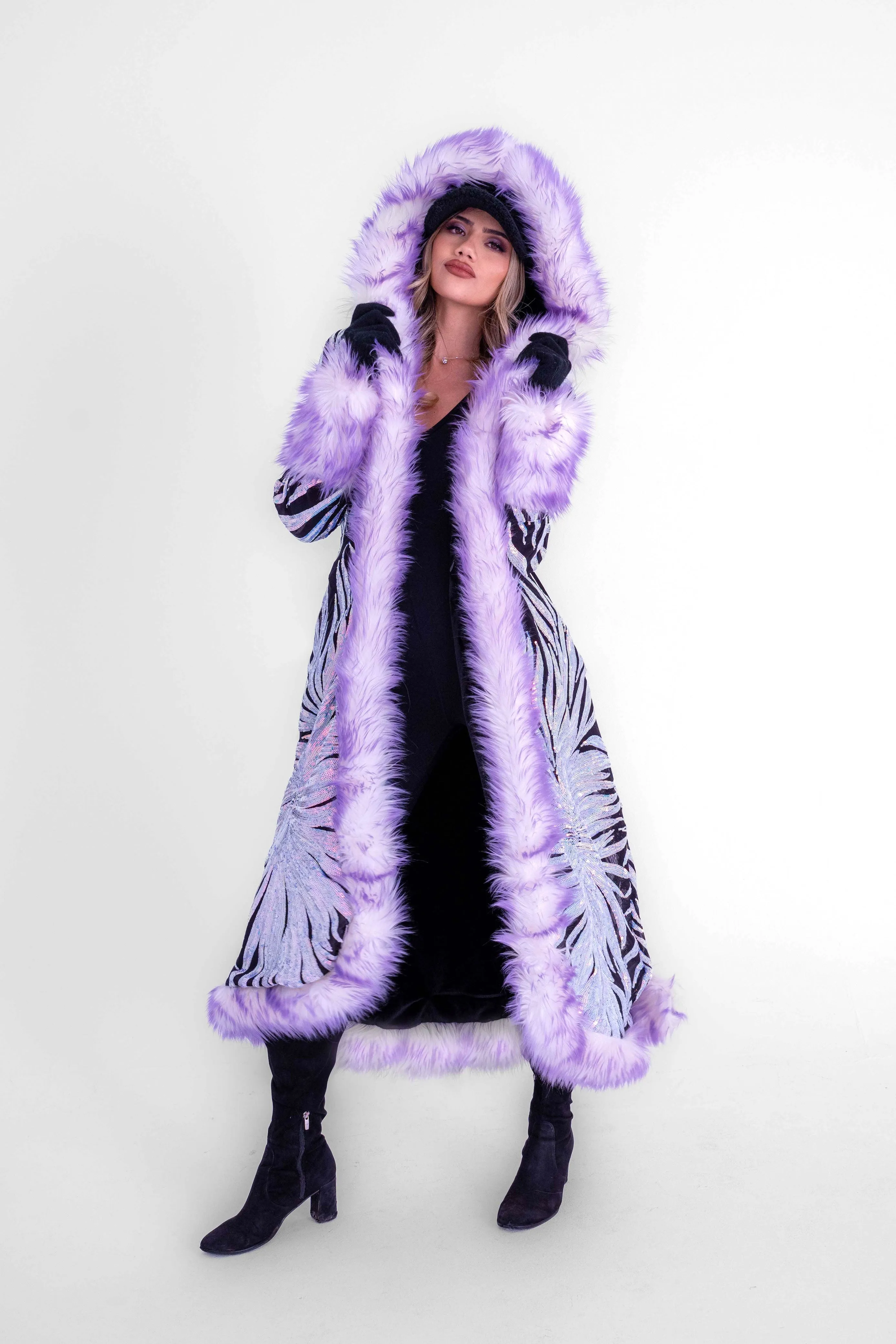 Women's Sequin Temptress Coat in "Black Lilac Radiant Dream"