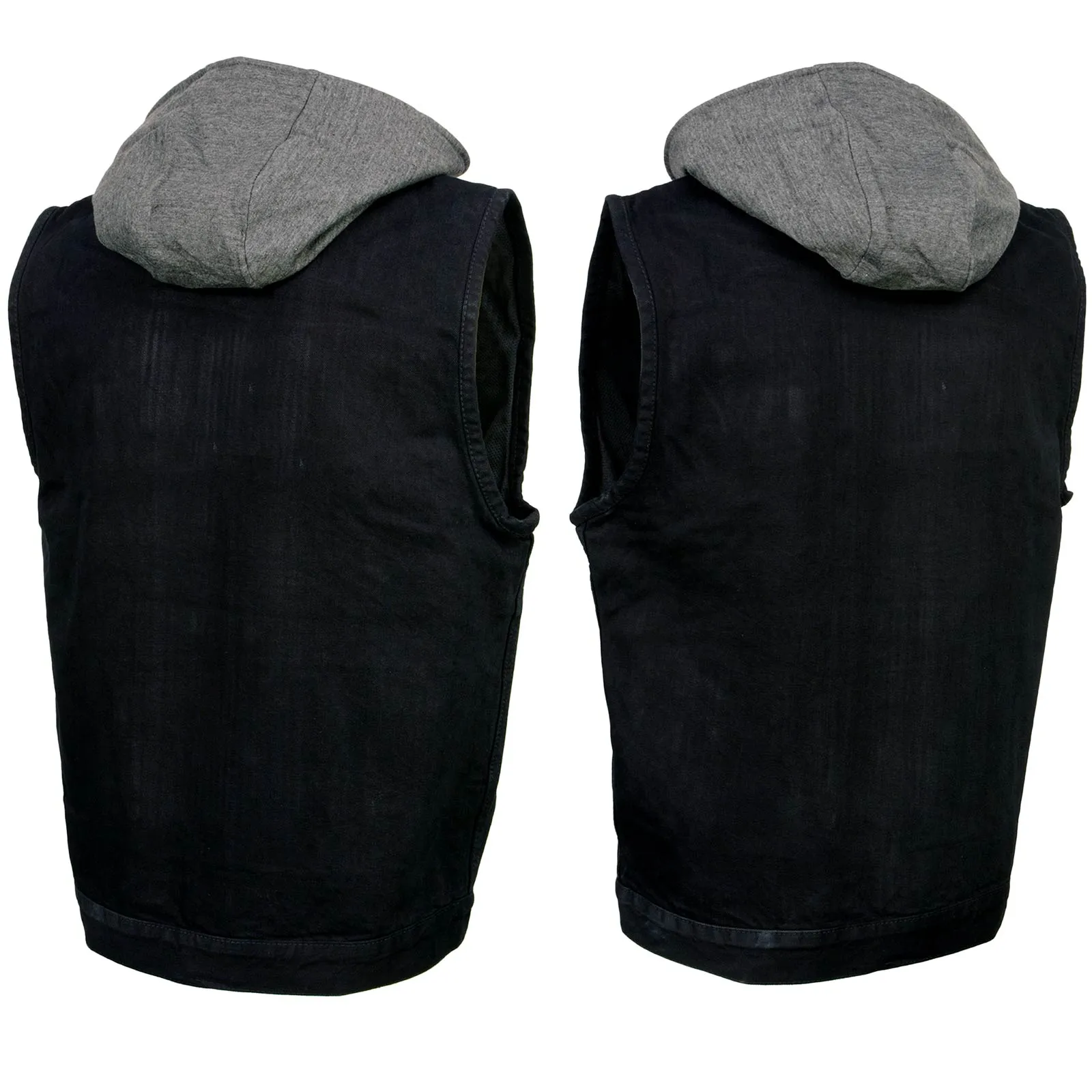 Xelement XS13050 Men's 'Rustic' Black Denim Motorcycle Riding Vest with Hoodie and Quick Draw Pocket