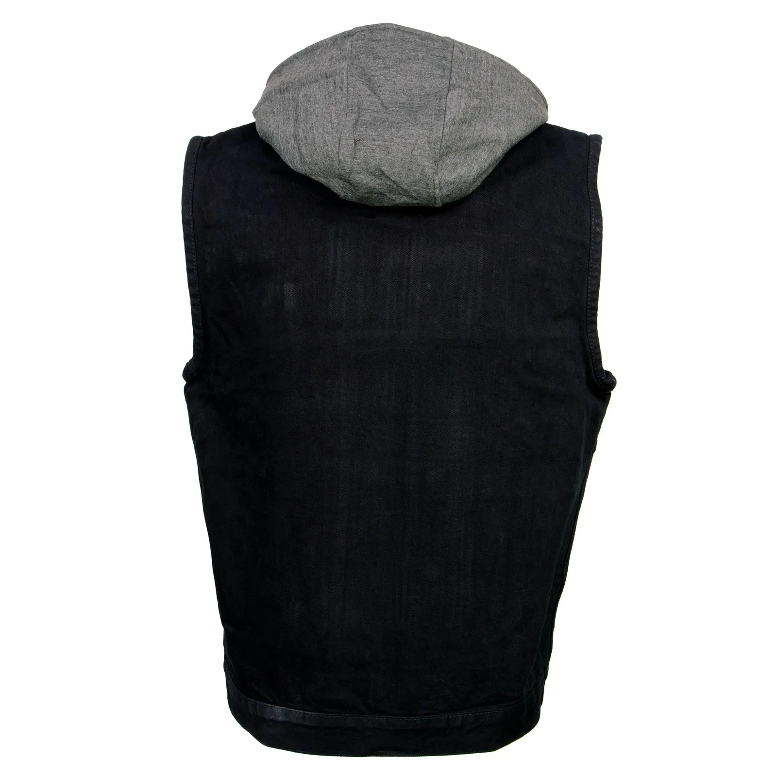 Xelement XS13050 Men's 'Rustic' Black Denim Motorcycle Riding Vest with Hoodie and Quick Draw Pocket