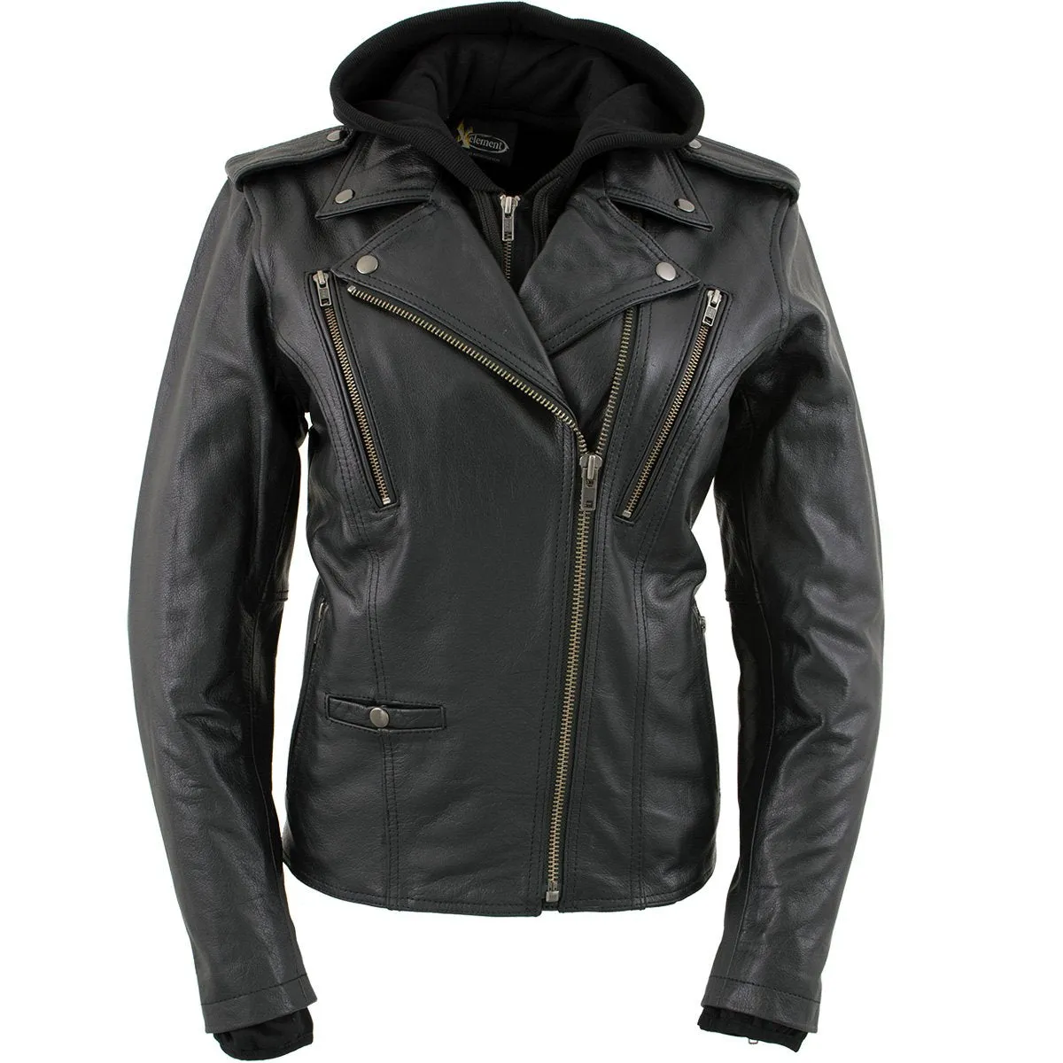 Xelement XS2516 Women's Black ‘Madame’ Hooded and Vented Motorcycle Biker  Leather Jacket