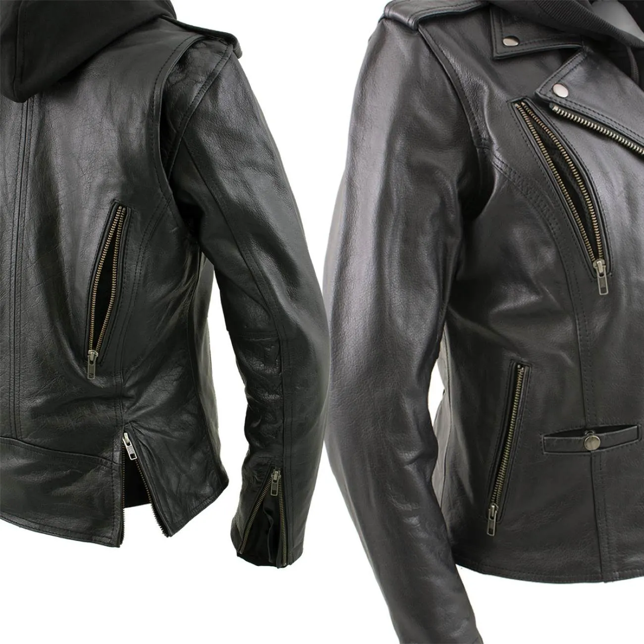 Xelement XS2516 Women's Black ‘Madame’ Hooded and Vented Motorcycle Biker  Leather Jacket