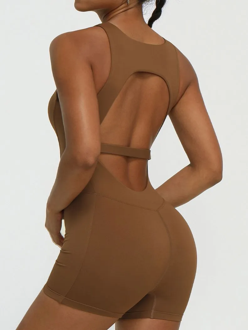 ZASUWA Female Backless U Collar V-shaped Waist Quick Dry Nude Sensation Short Jumpsuit